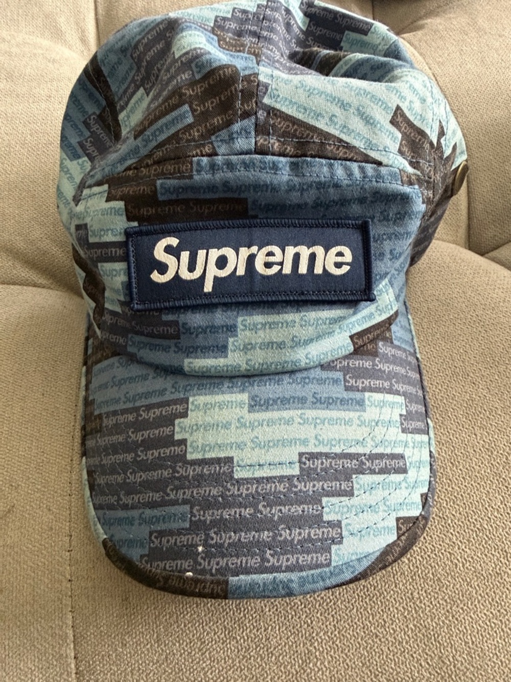 Supreme Teal and Navy All-Over Logo Camp Cap